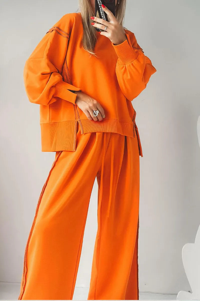 Women Round Neck Spliced Sweatshirt + Drawstring Pants Casual Set