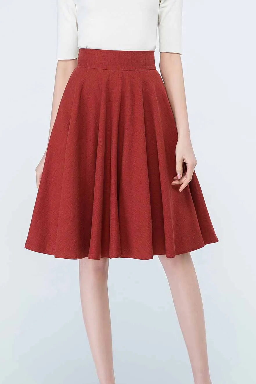 Rust Red Linen Circle Skirt – Vintage 50s High Waist Skater Skirt with Pockets 1689