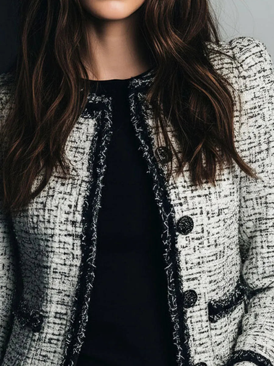 Classic Monochrome Tweed Jacket With Frayed Edge