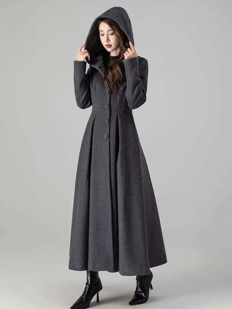 Burgundy Hooded Wool Maxi Coat – Vintage Swing Long Winter Overcoat 5242