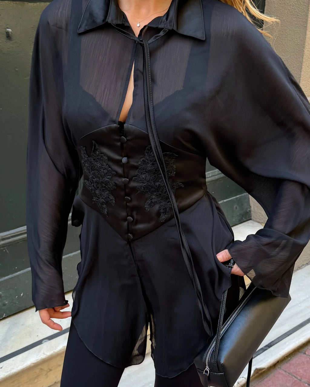 White Sheer Tie-Front Corset Blouse
