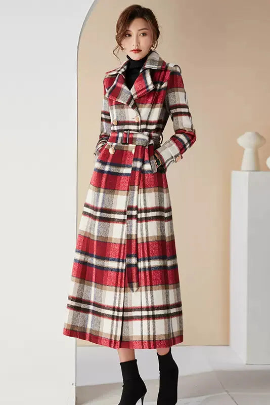 Handmade Plaid Wool Coat – Vintage Red Check Double-Breasted Long Belted Overcoat 
