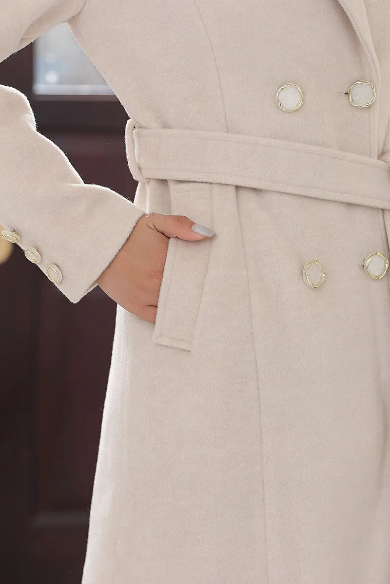 Beige Wool Coat - Double Breasted with Belted Waist 4016