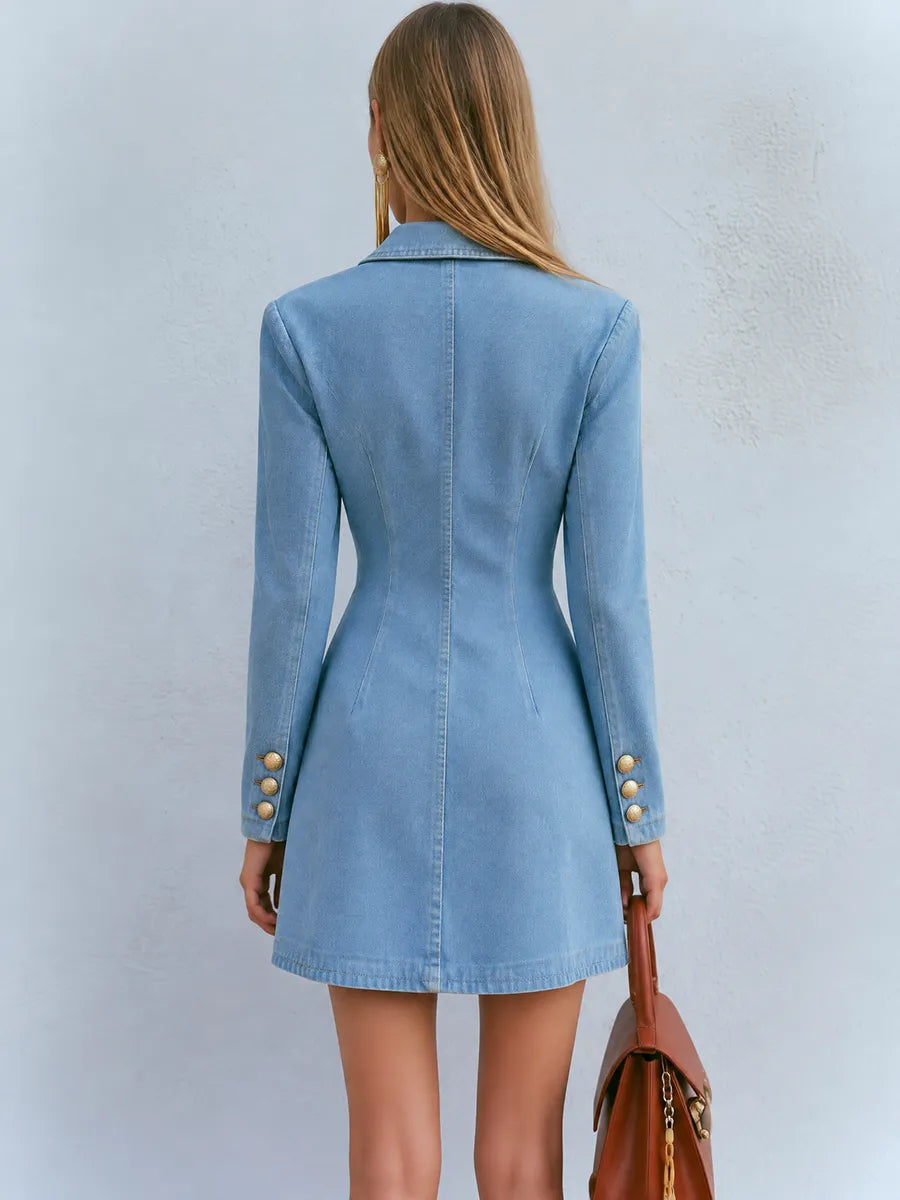 Light Wash Gold Buttons Denim Blazer Mini Dress