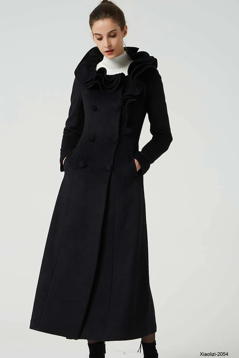 Xiaolizi Black Ruffle Collar Wool Coat for Women – Handmade Maxi Double-Breasted Winter Coat 2054