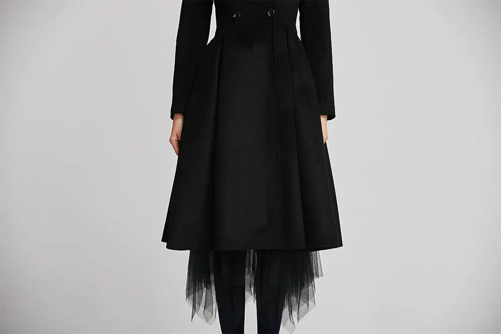 Black Wool Coat - Double-Breasted Fitted Winter Coat with Pockets 2258