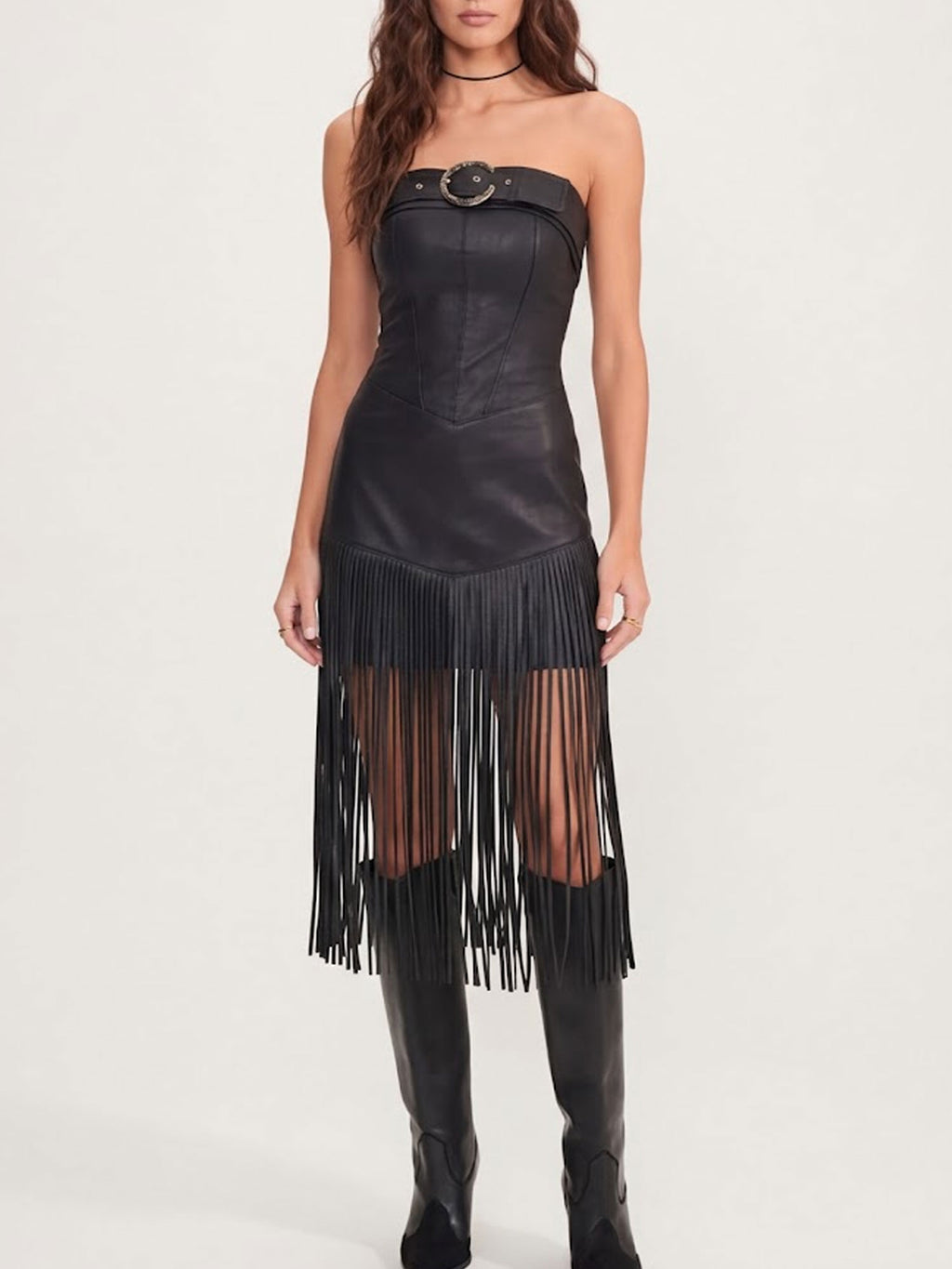 2026 S/S Collection — Women's Metal Buckle Belt Detail Western Boho Strapless Mini Dress