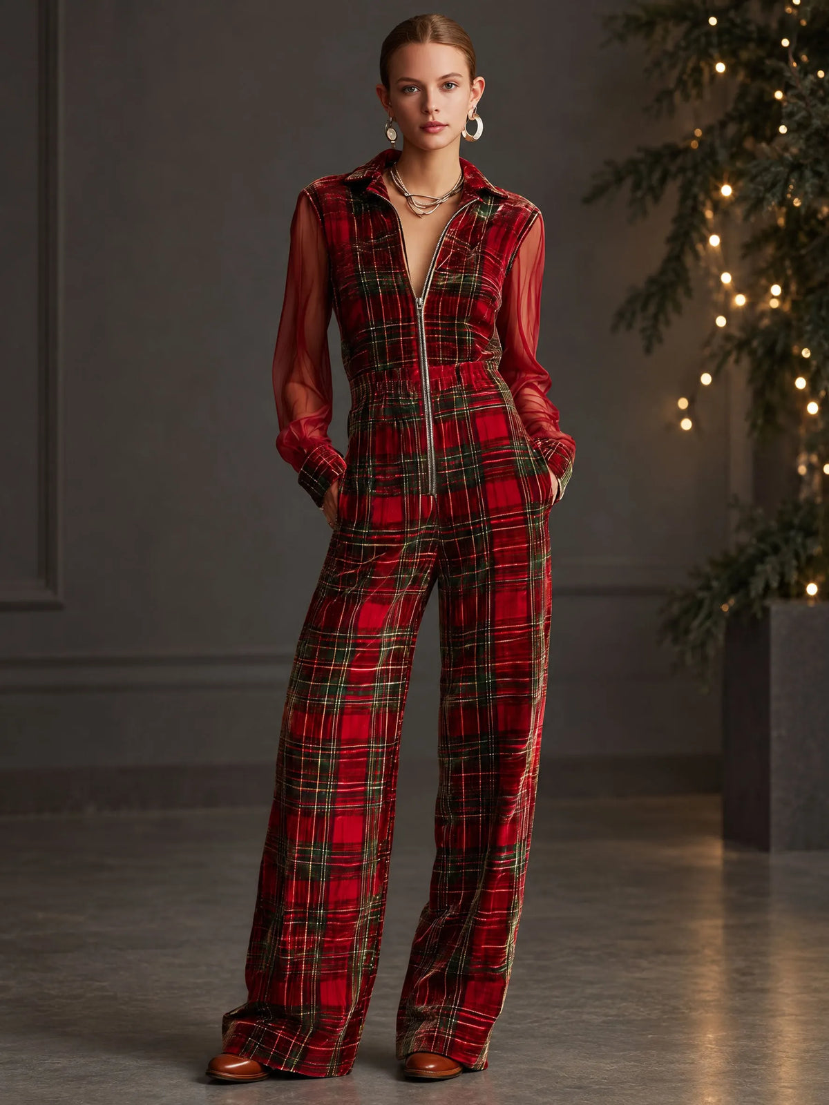 Retro Long-sleeved Mesh Red And Green Plaid Velvet Wide-leg Jumpsuit