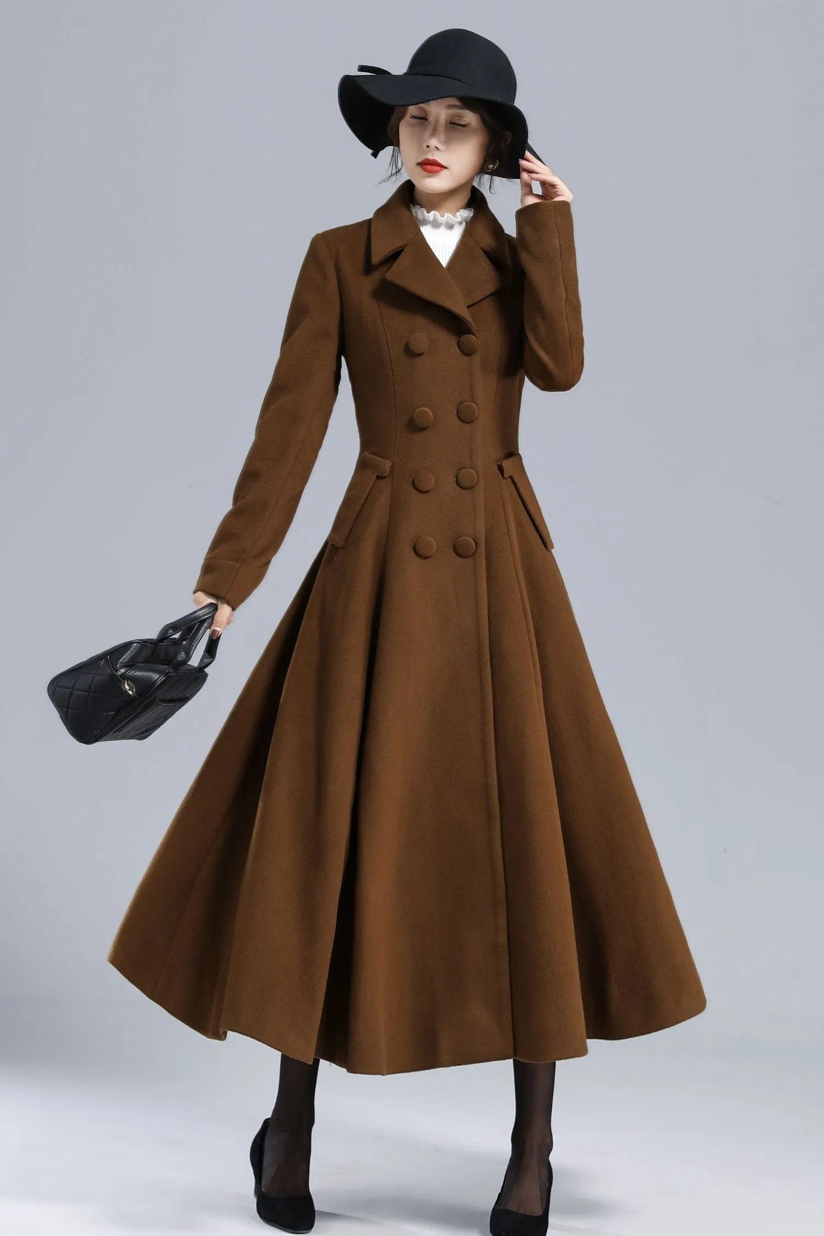 Chocolate Brown Wool Maxi Coat – Vintage Double Breasted Long Overcoat 3238