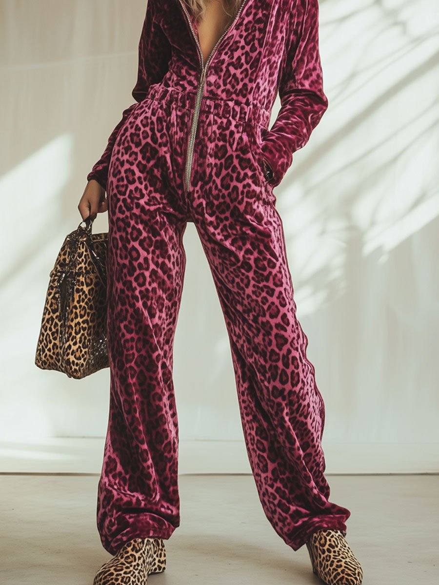 Casual Loose Retro Pink Velvet Leopard Print Elastic Waist Zipper Hooded Jumpsuit