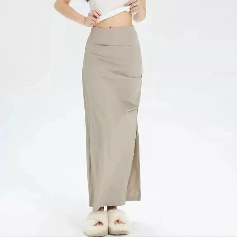Slit Pleated Solid Long Skirt Vintage Korean Casual Skirt