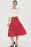 Red Polka Dot Linen Midi Skirt - High Waisted Pleated Flare 2139