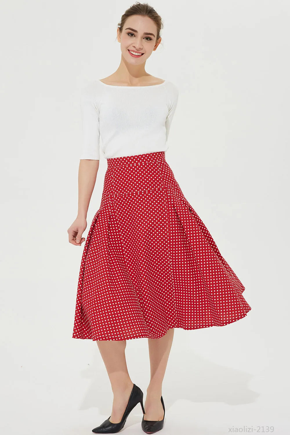 Red Polka Dot Linen Midi Skirt - High Waisted Pleated Flare 2139