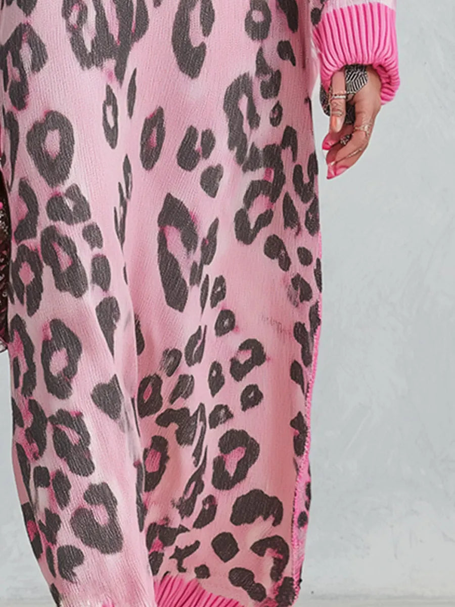 Stylish Loose-Fit Pink Leopard-Print V-Neck Knitted Maxi Dress
