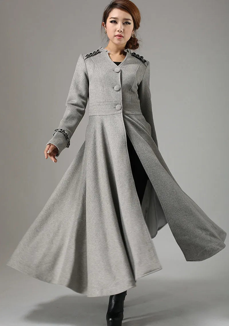 Gray Wool Maxi Coat for Women – Ruffle Trim Fit & Flare Winter Overcoat 731