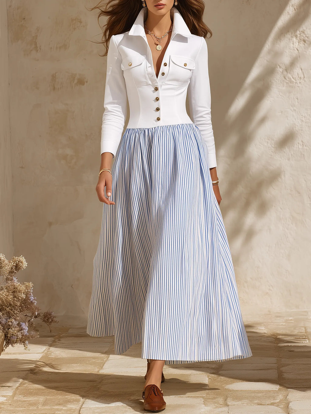 Nautical Vibe White Corset Bodice Blue Stripe Maxi Shirt Dress