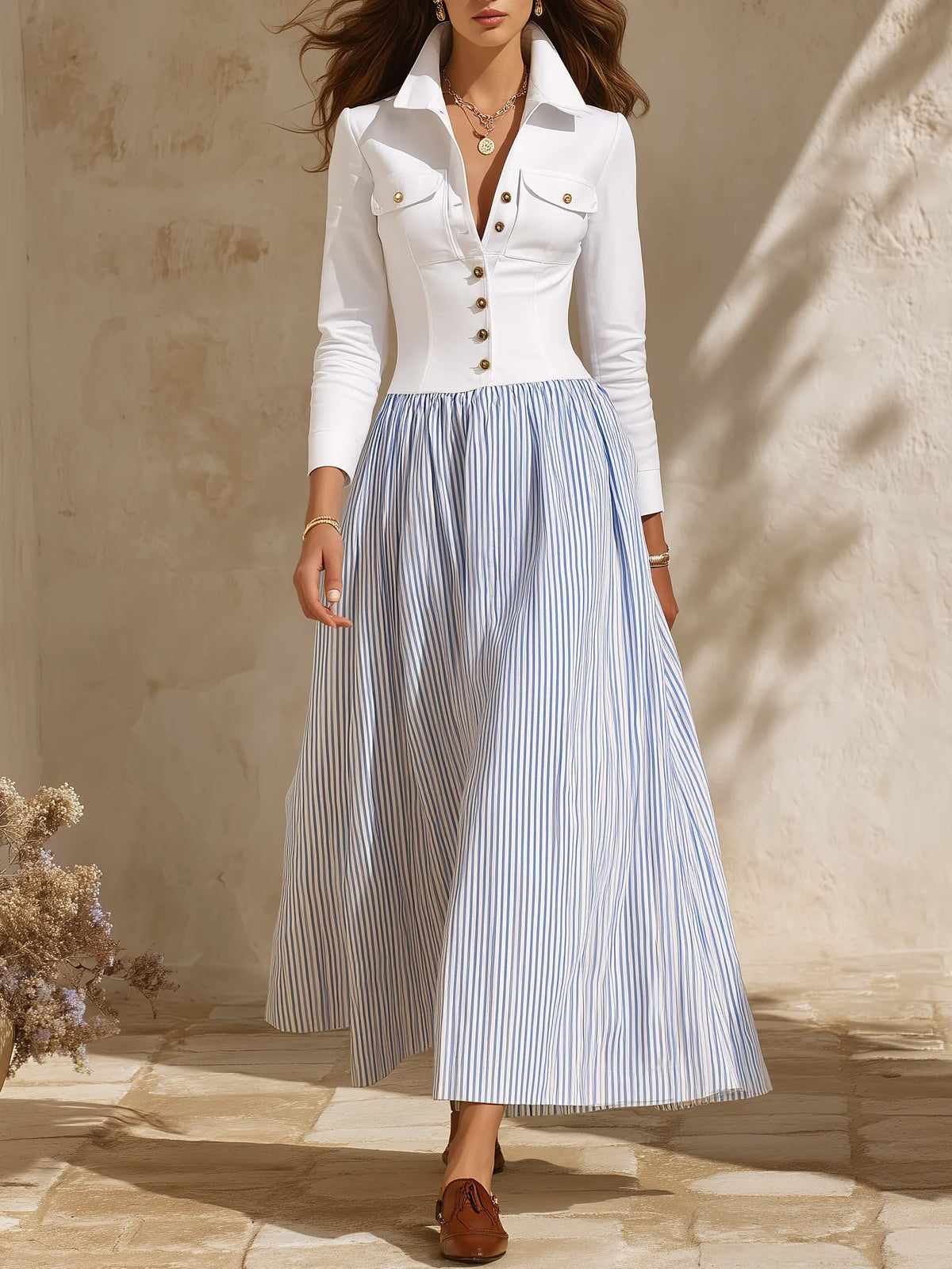 Nautical Vibe White Corset Bodice Blue Stripe Maxi Shirt Dress