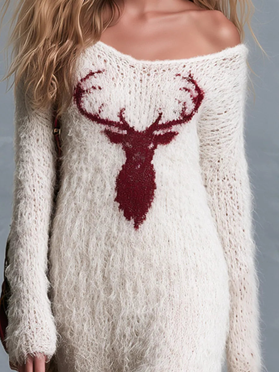 Vintage & Cozy V-Neck Deer Motif Ivory Long Shaggy-Knit Maxi Dress