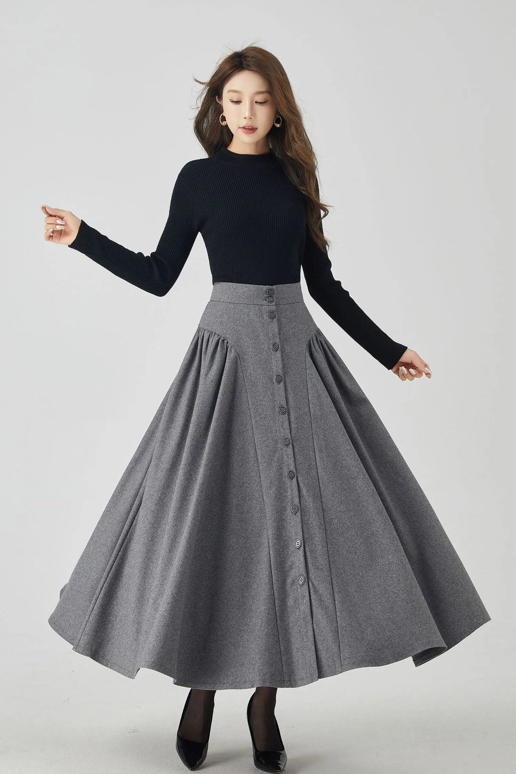 Gray Wool Maxi Skirt - Button-Down, Flowy Silhouette 4526