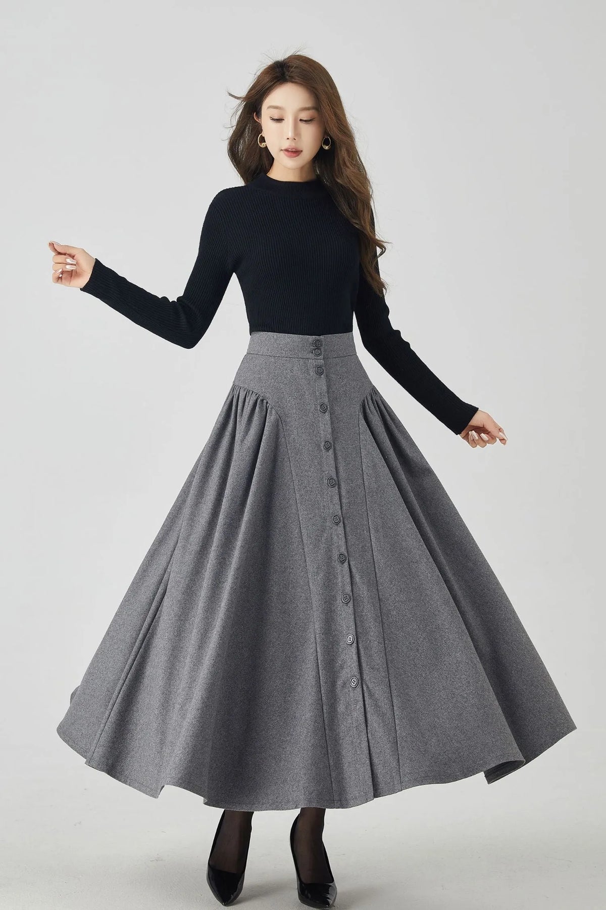 Gray Wool Maxi Skirt - Button-Down, Flowy Silhouette 4526