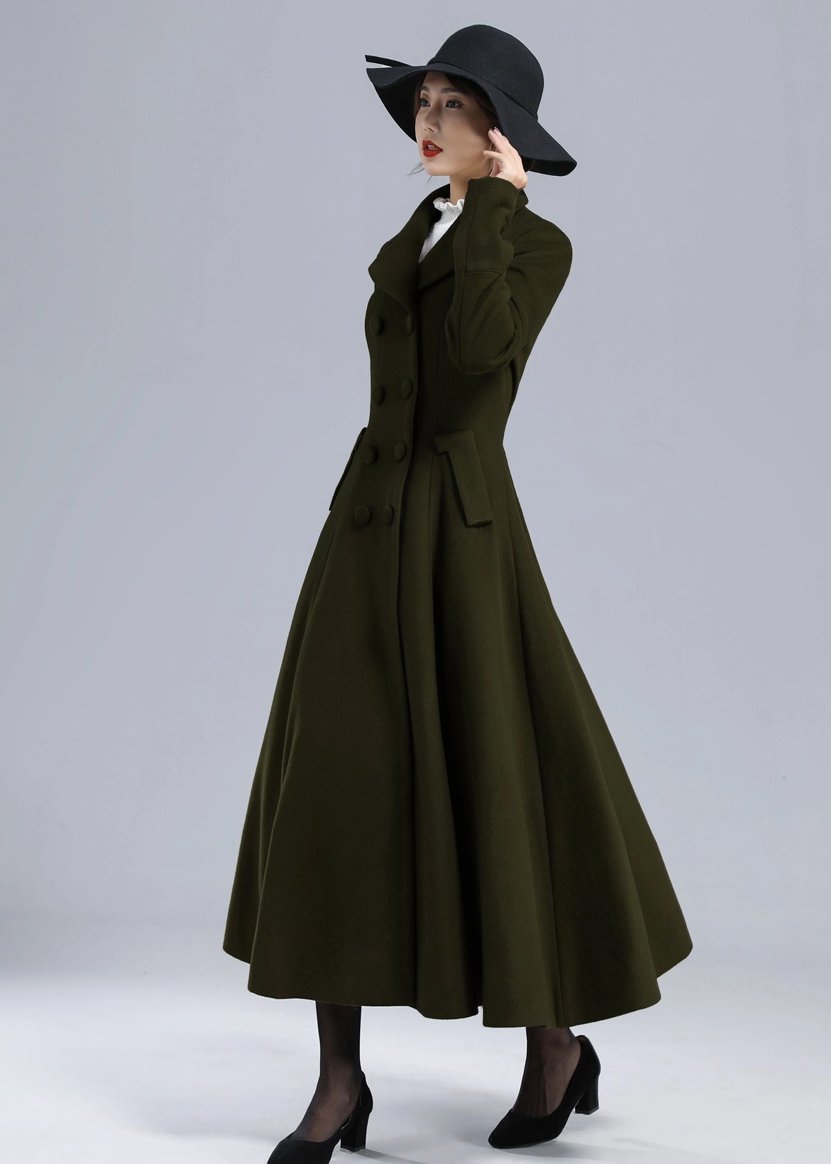 Forest Green Wool Maxi Coat – Vintage Fit and Flare Double Breasted Overcoat 5497