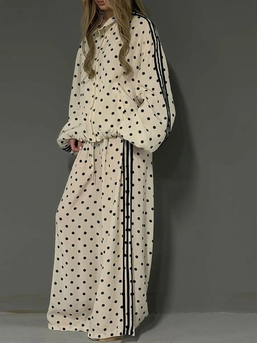Women's Stand-collar Long-sleeve Loose-fit Polka Dot Top And High-waisted Wide-leg Pants Set
