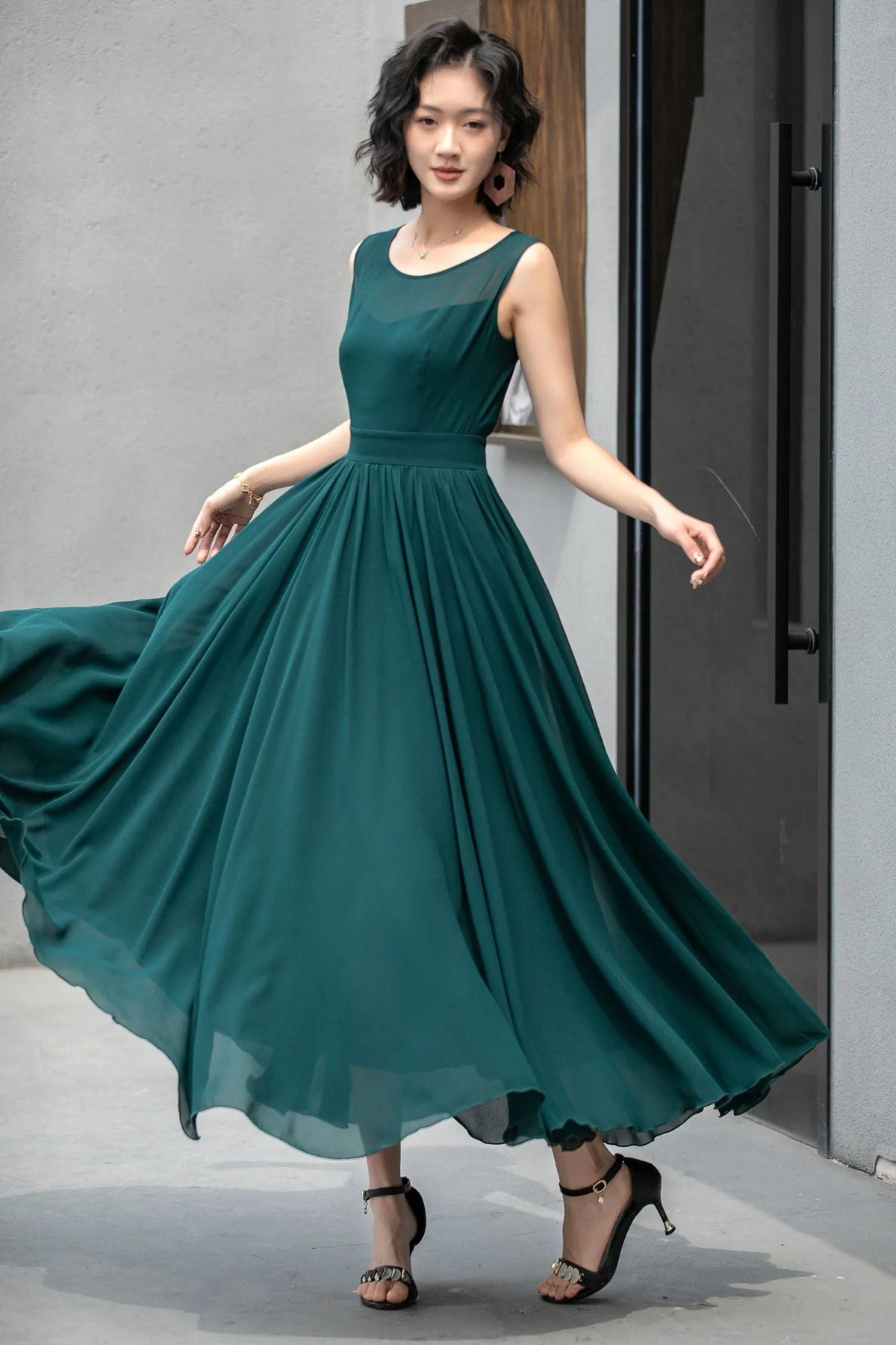 Emerald Green Chiffon Maxi Dress - Fit and Flare with Removable Cape 5861