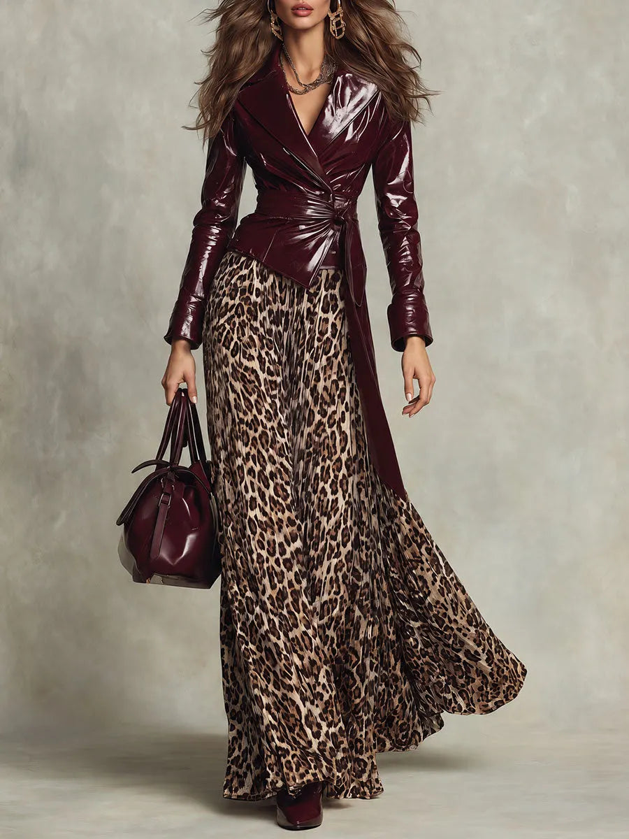 Retro Glossy Patent Leather Belted Wrap Jacket
