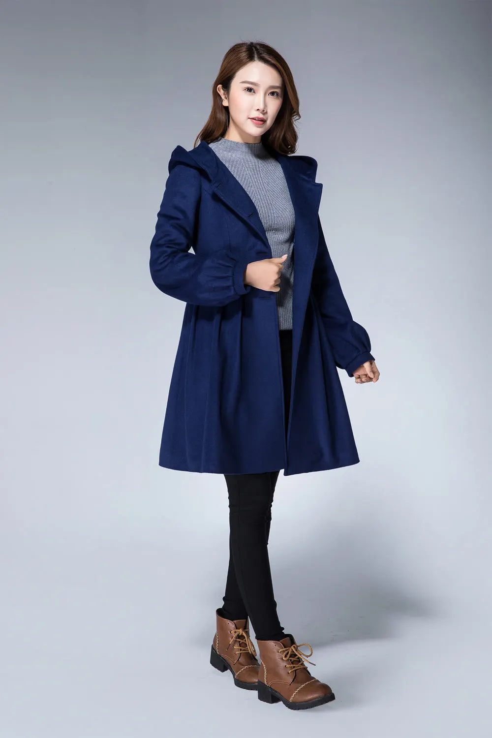Navy Blue Hooded Wool Coat – Lantern Sleeve Winter Short Coat 