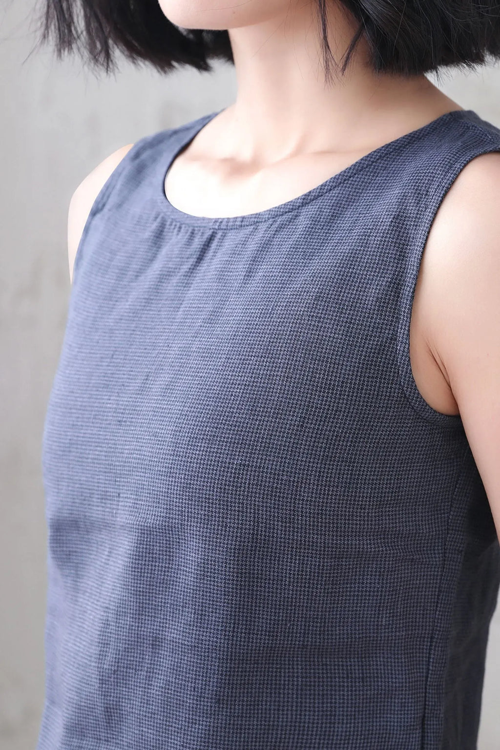 Blue Checked Linen Tank Top - Loose Fit with Scoop Neckline 3338