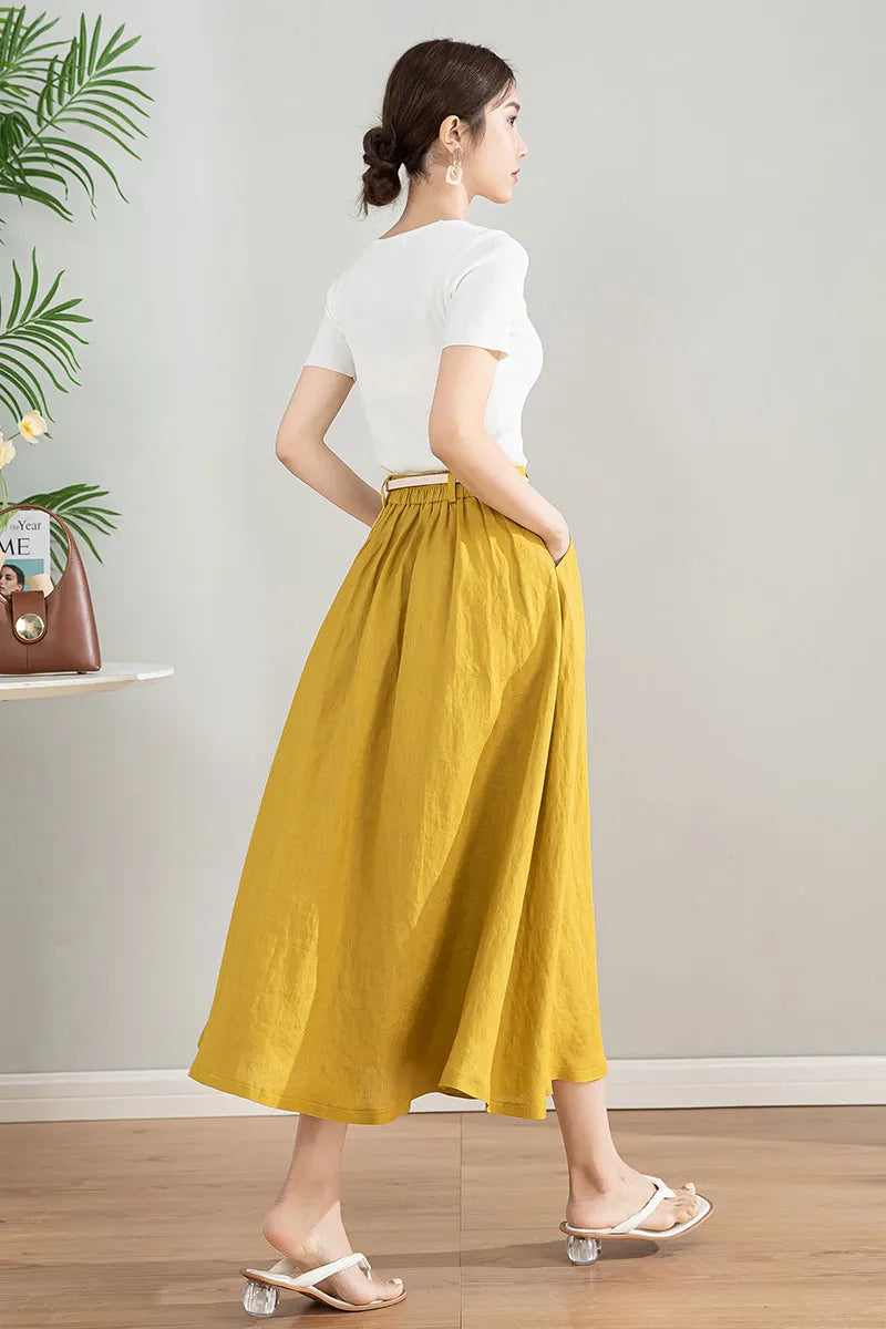 Handmade Linen Cotton Midi Skirt with Pockets 