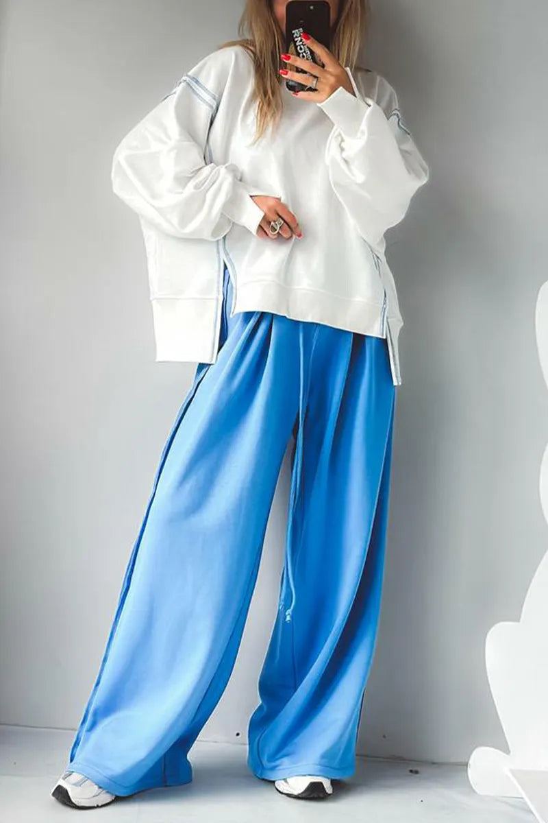 Women Round Neck Spliced Sweatshirt + Drawstring Pants Casual Set