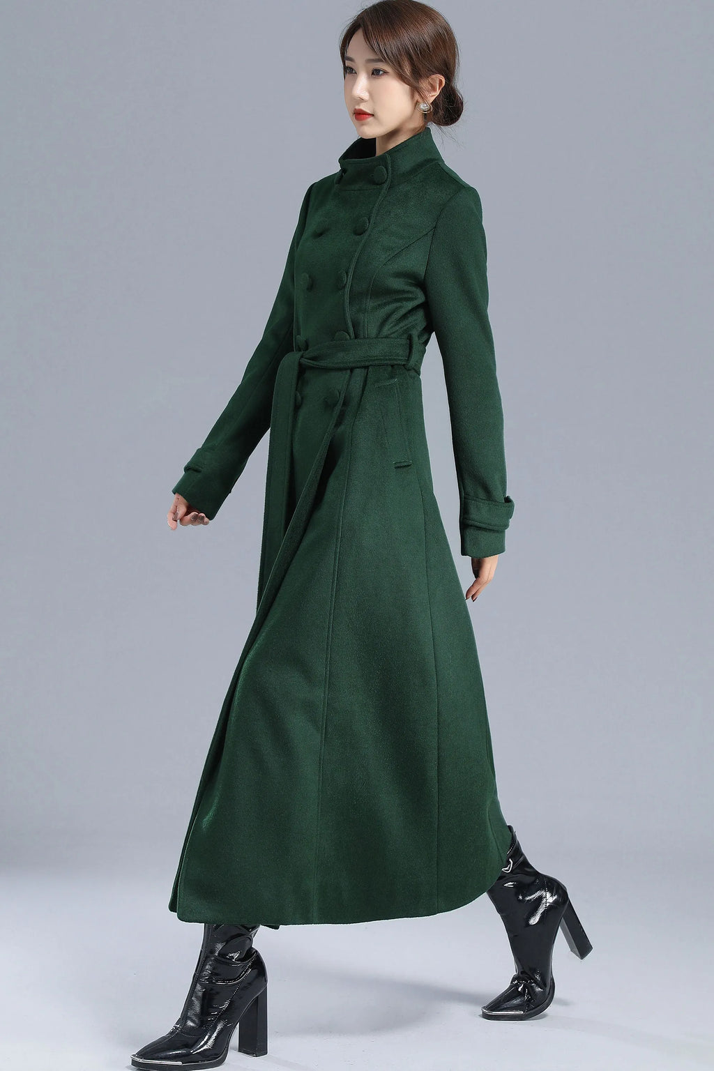 Green Wool Long Coat - Double Breasted with Belt 3214