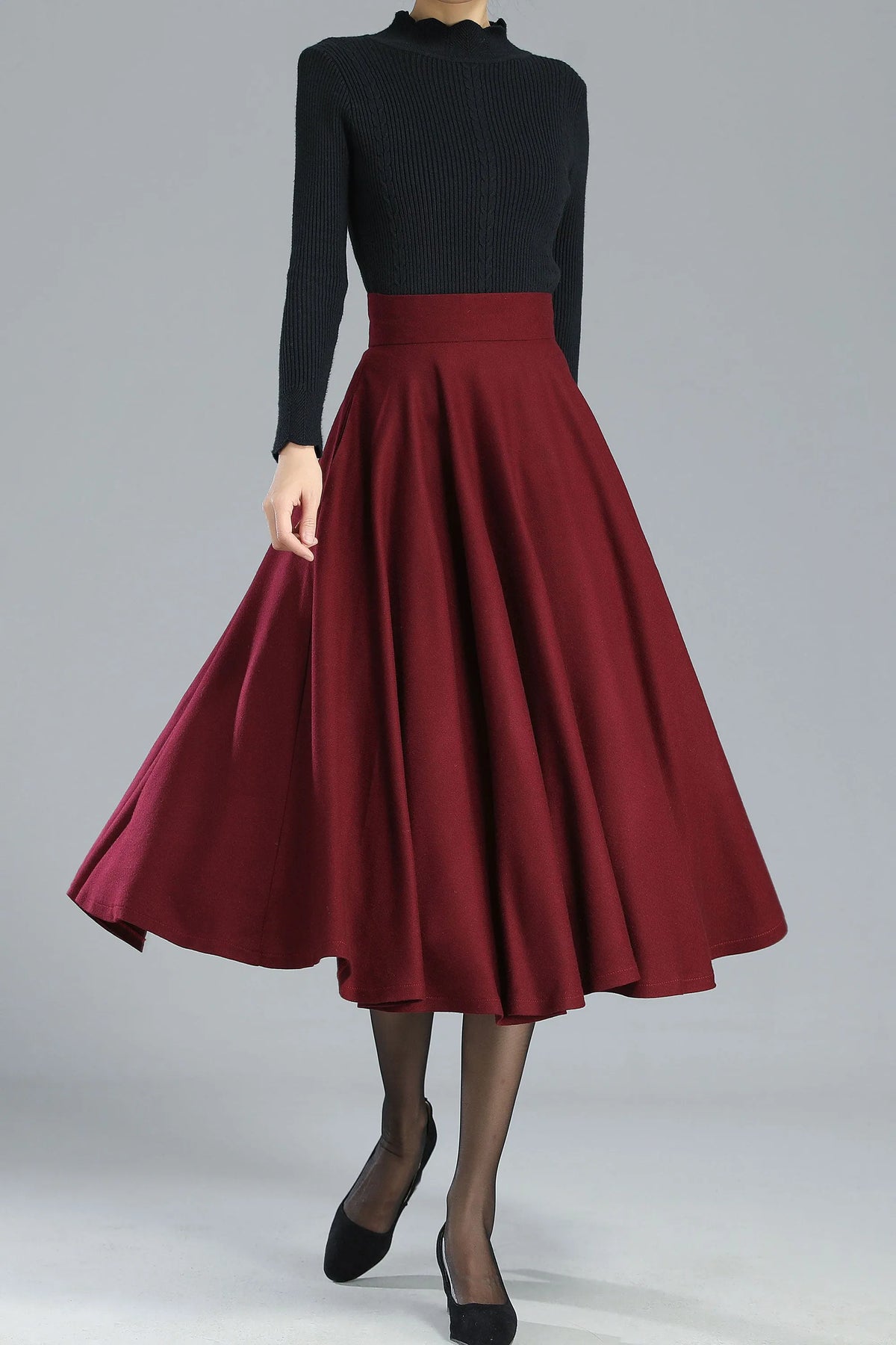 Burgundy Wool Blend Midi Skirt - High-Waisted Full Circle 