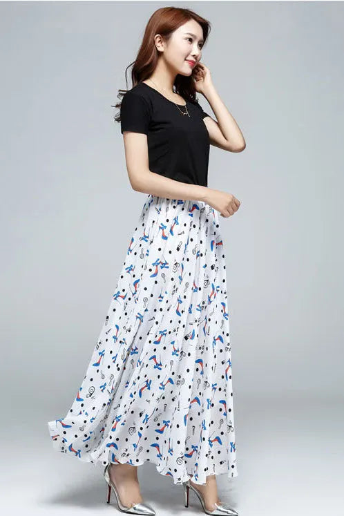 Printed Chiffon Maxi Skirt - Elastic Waist, Swing Silhouette 3608