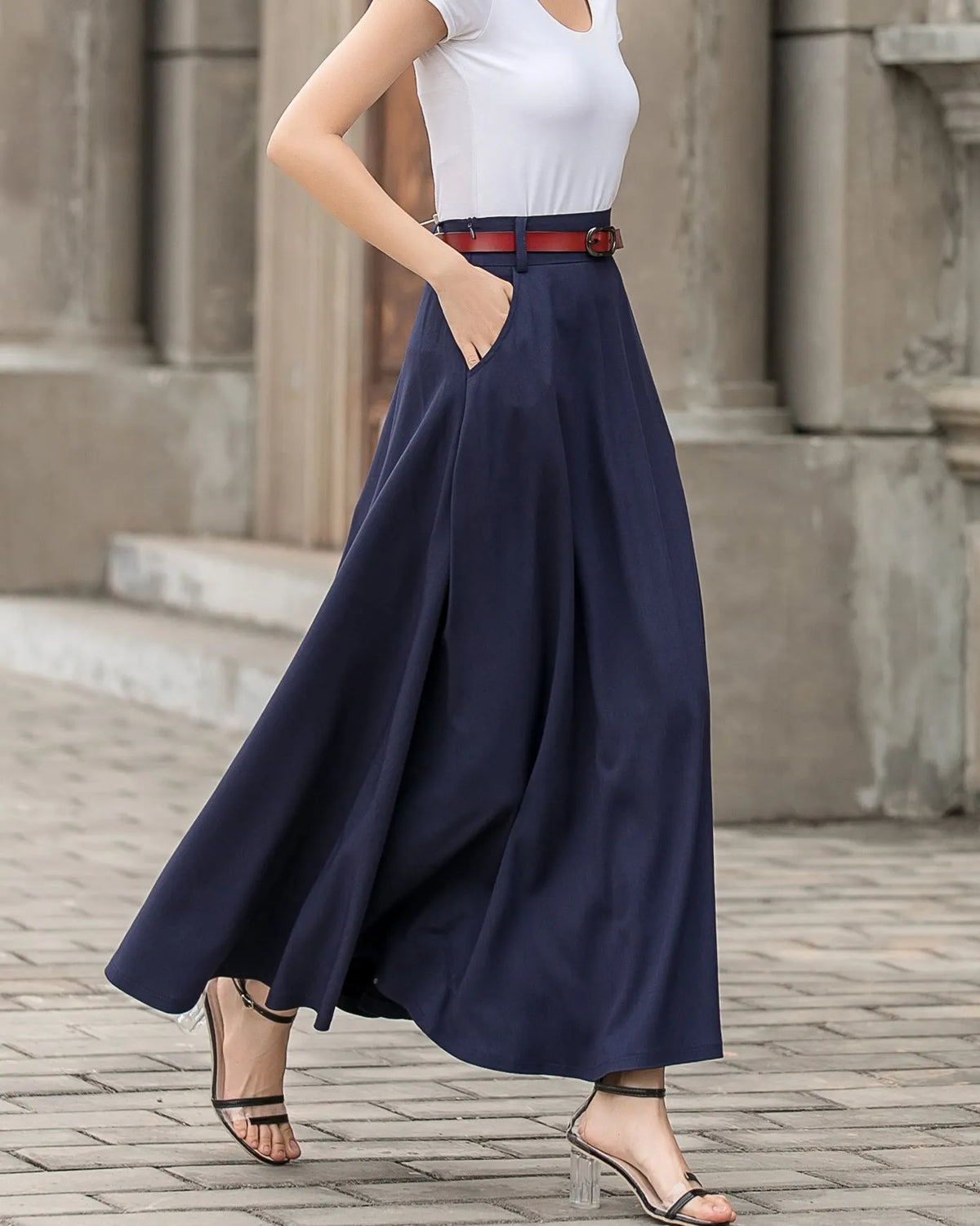 Navy Blue Linen Cotton Maxi Skirt – Minimalist A-Line Long Skirt with Pockets 2716