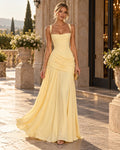 Square Neck Ruched Cross-Back Maxi Dress