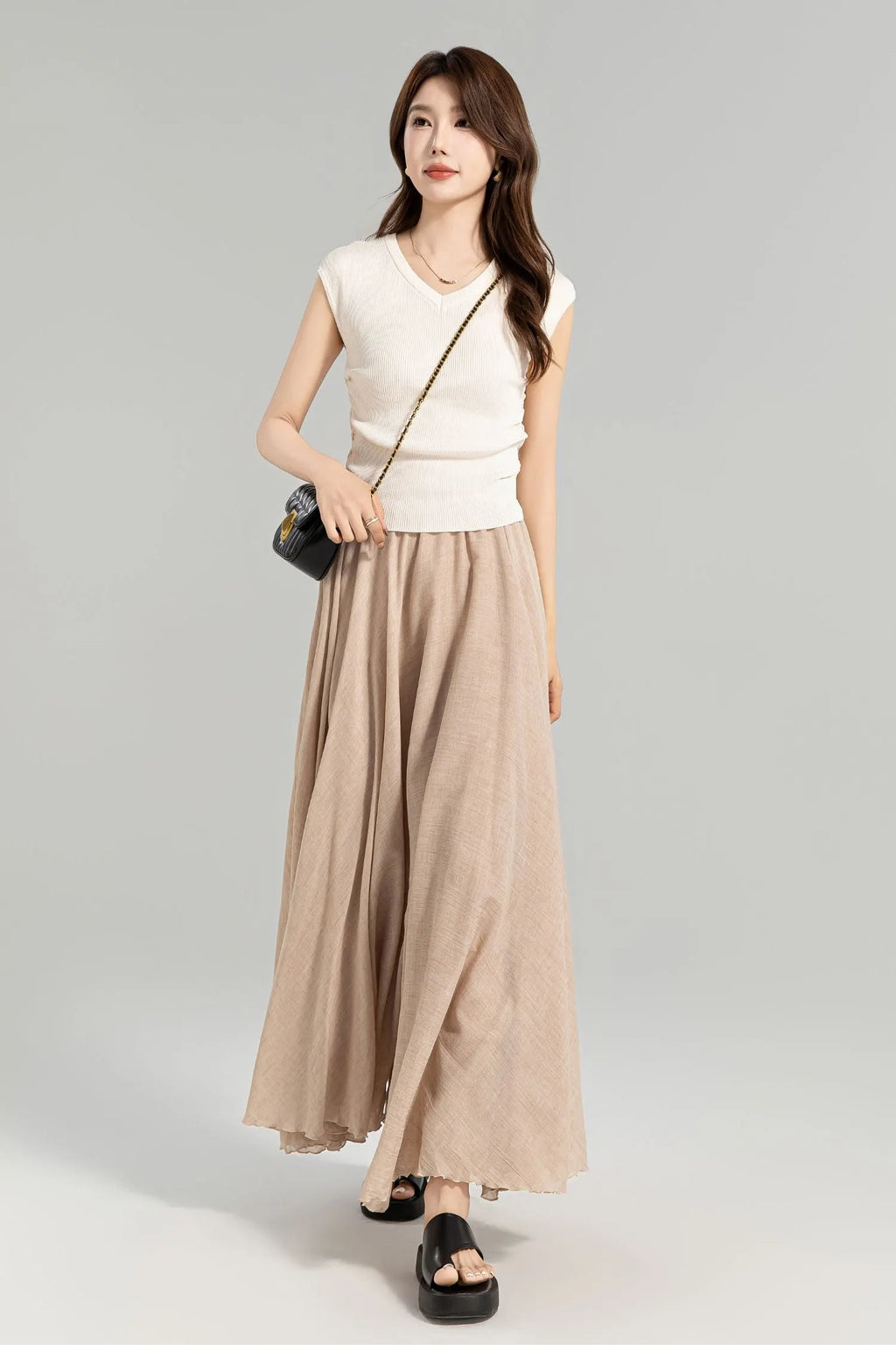 Beige Linen Maxi Skirt - Flowy Circle Silhouette with Elastic Waistband 4959
