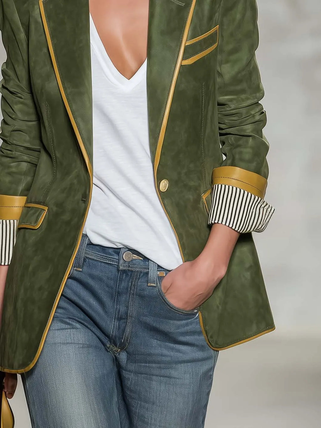 Vintage Equestrian Olive Green Suede Blazer With Contrast Trim And Striped Cuffs