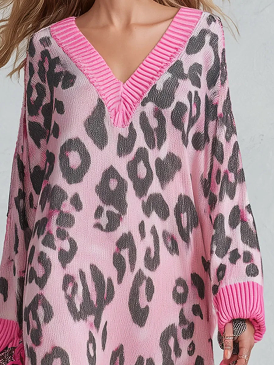 Stylish Loose-Fit Pink Leopard-Print V-Neck Knitted Maxi Dress