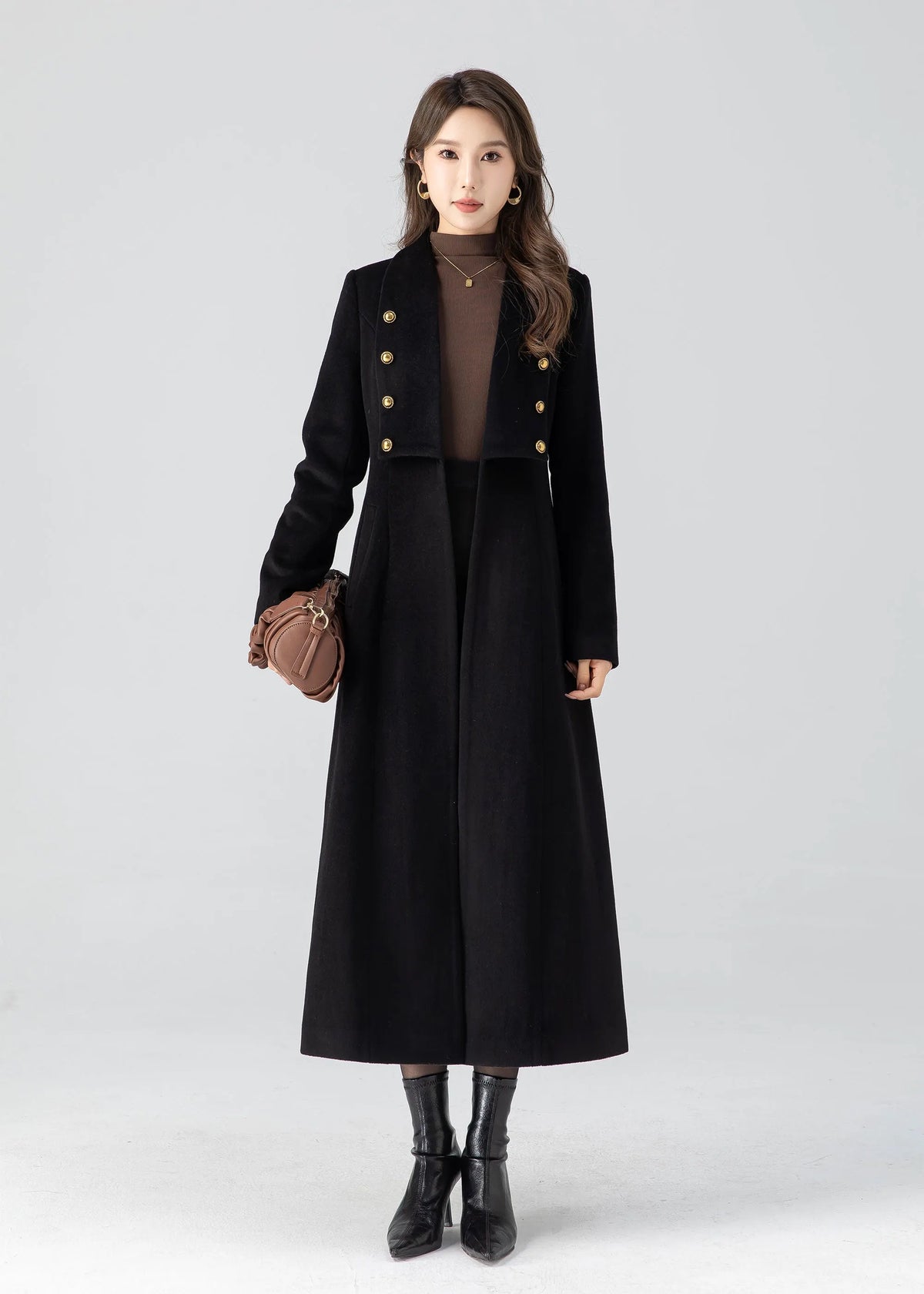 Black Wool Midi Coat - A-Line Swing Fit with Gold Button Detail 4783