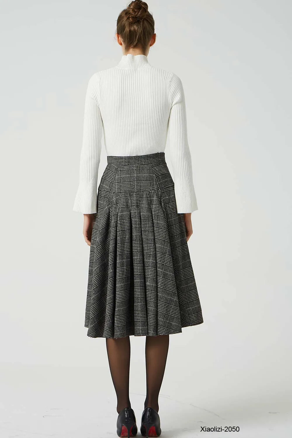 Grey Wool Pleated Knee Length Skirt - Retro A-Line Silhouette 2050