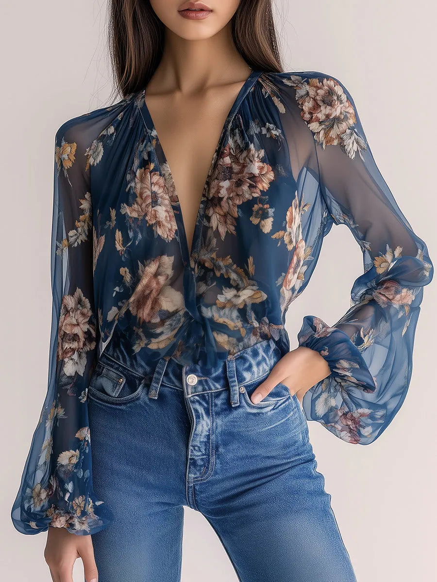 Elegant Bohemian Navy Floral Shirt