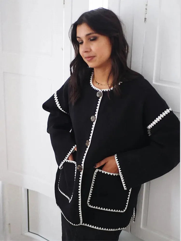 Contrast O Neck Loose Elegant Long Sleeves Winter New Stylish Fashionable Coat