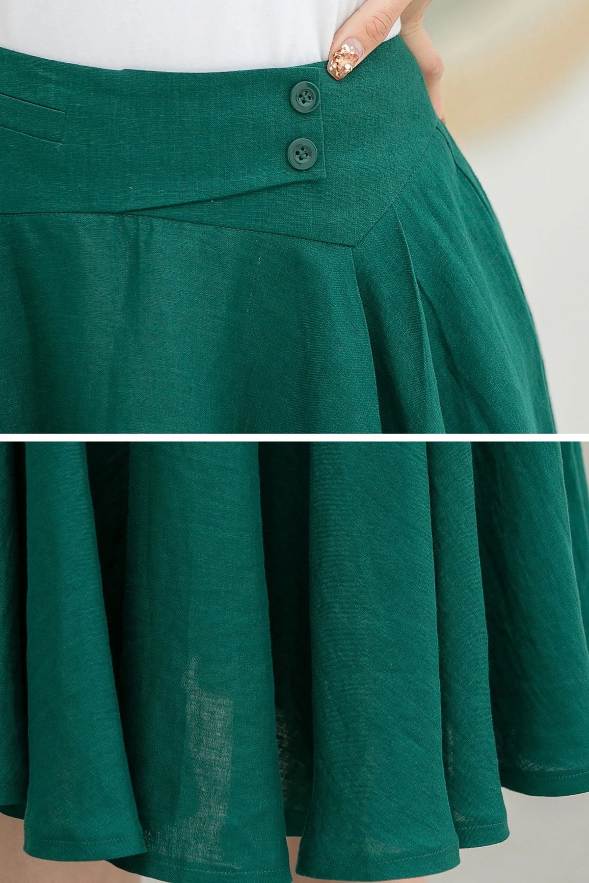 Dark Green Linen Midi Skirt - High-Waisted A-Line Flare 5834