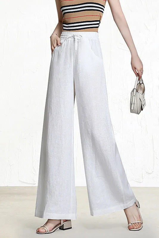 White Linen Wide Leg Pants - Elastic Waist with Front Pockets 3518