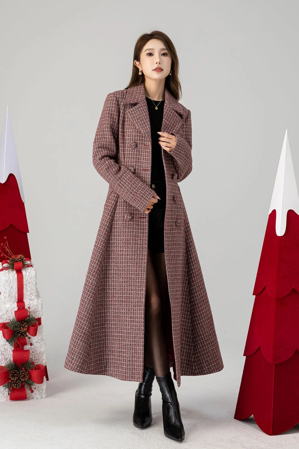 Plaid Wool Coat Maxi - Fit and Flare Double Breasted 4614