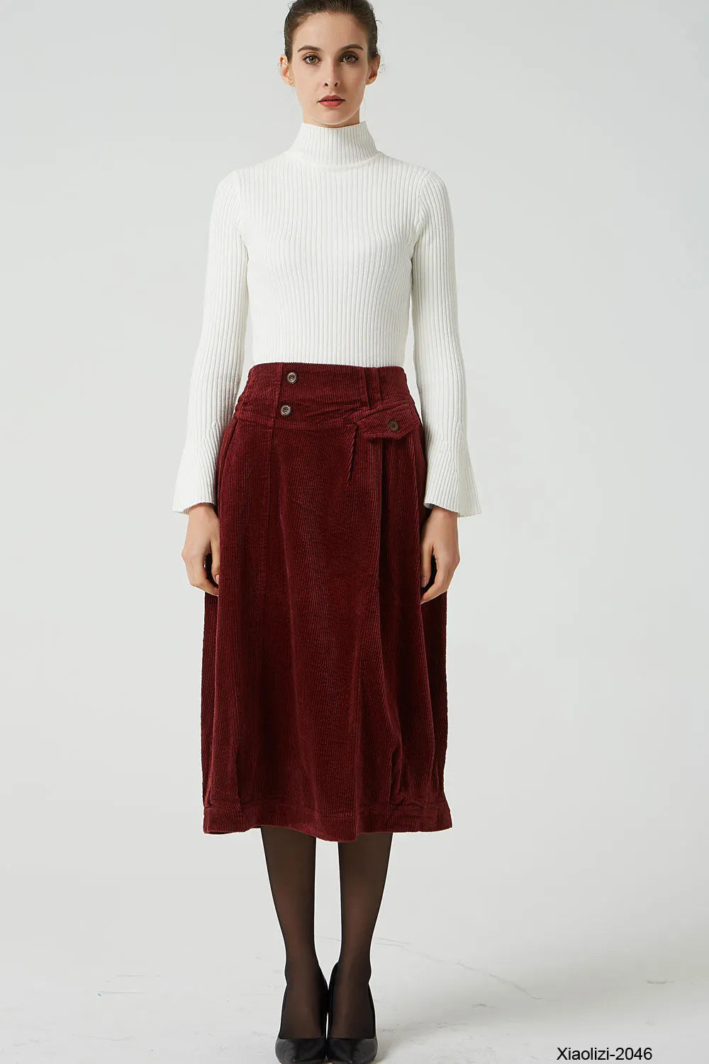 Wine Red Corduroy Bubble Skirt - Elastic Waistband, Pockets 2046