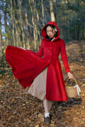 Elegant Red Wool Blend Hooded Winter Coat – Flared Midi Silhouette 