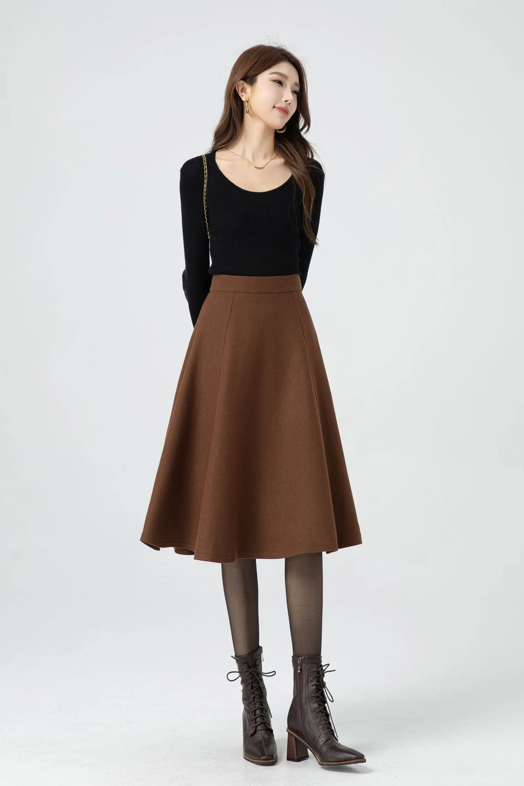 Brown Wool A-Line Skirt - Mid-Length Classic Winter Style 5316
